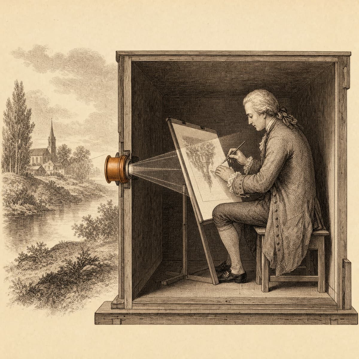 An engraving of an artist inside a camera obscura, tracing a landscape projected through a lens